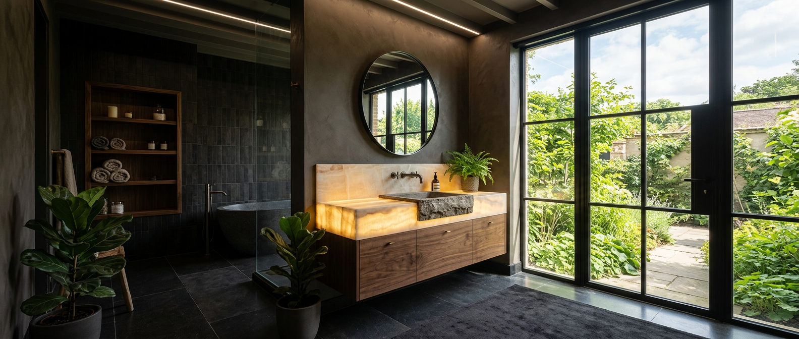 Finished master bathroom with a backlit onyx vanity top, integrated stone sink and walnut floating cabinet by a garden window