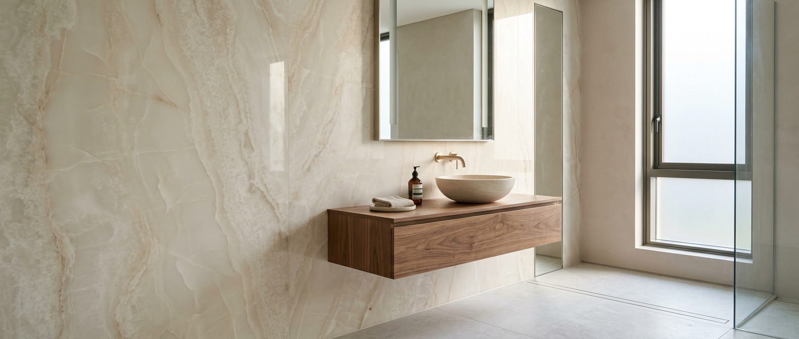 Serene modern bathroom with a seamless cream onyx wall, stone vessel sink on a walnut floating vanity and soft daylight