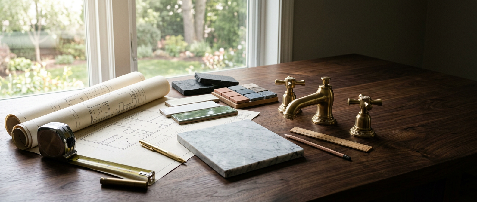 Bathroom remodel planning table with blueprints, stone and tile samples, brushed gold faucets and a tape measure