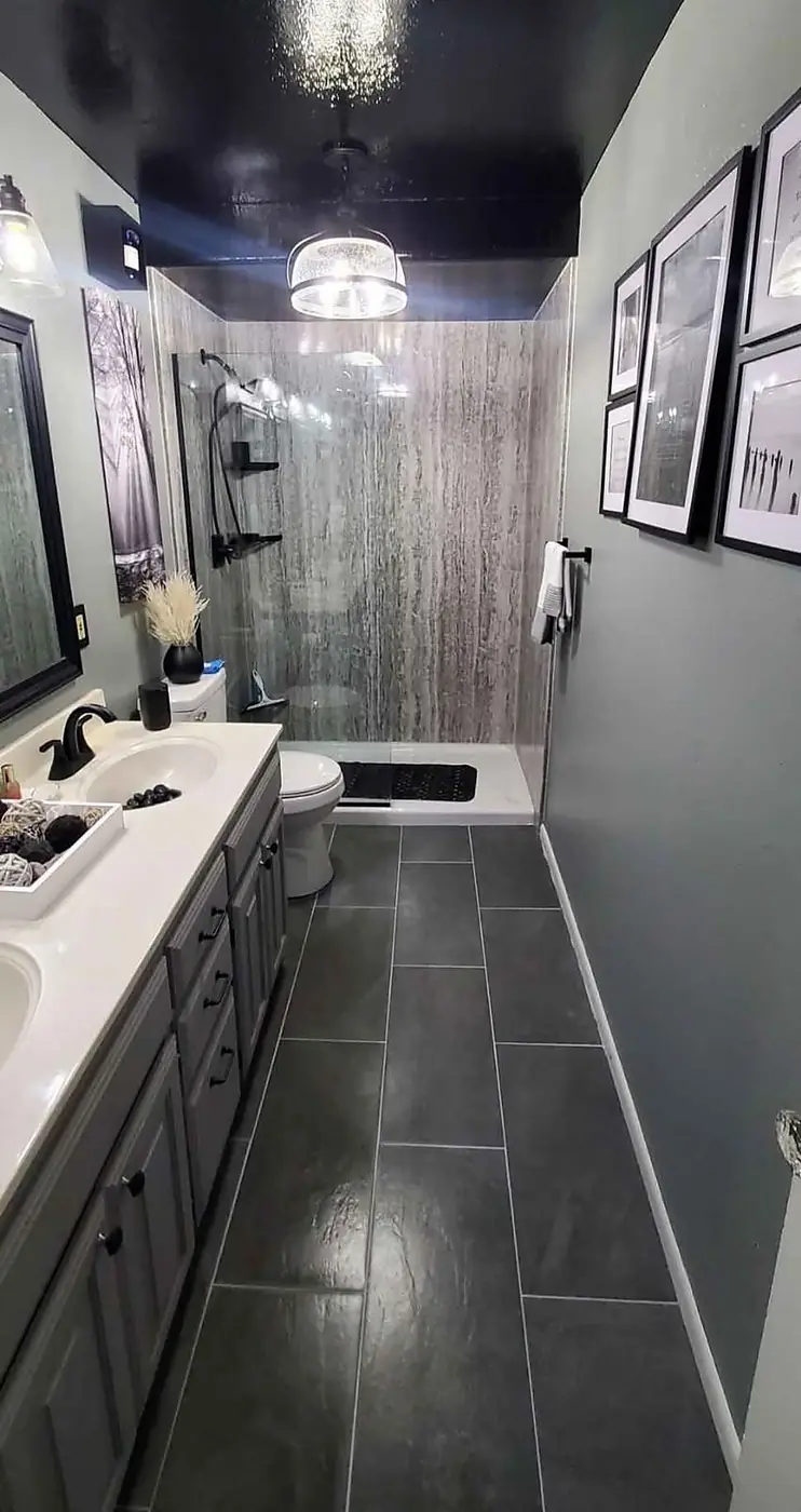 Charcoal Master Bath Remodel — full master bathroom remodel with vertical-vein stone shower panels, slate plank flooring, black fixtures and a lacquered dark ceiling, installed by Revive Bath Solutions in Flint, TX