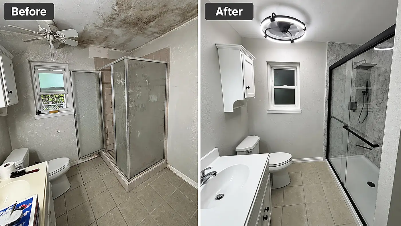 Before & After: Mold to Modern — side-by-side before and after of a mold-damaged tile shower replaced with grout-free stone panels, fresh paint and a modern ring light, installed by Revive Bath Solutions in Tyler, TX
