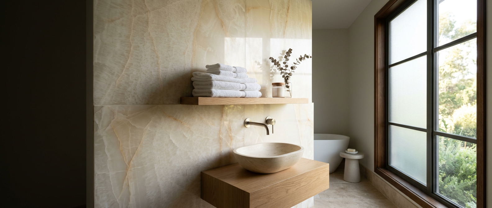 Serene bathroom vignette with a seamless cream onyx wall, stone vessel sink, folded white towels and soft morning light