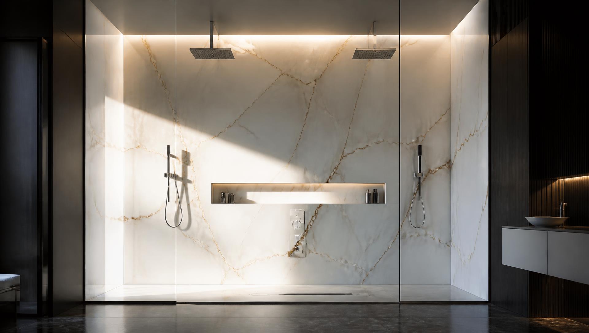Cinematic grout-free calacatta onyx walk-in shower with frameless glass and chrome fixtures