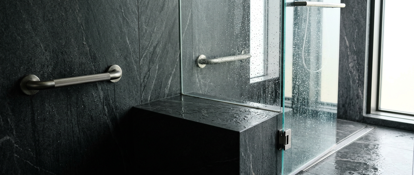 Barrier-free walk-in shower detail with a brushed nickel grab bar, built-in stone bench and seamless charcoal stone panels